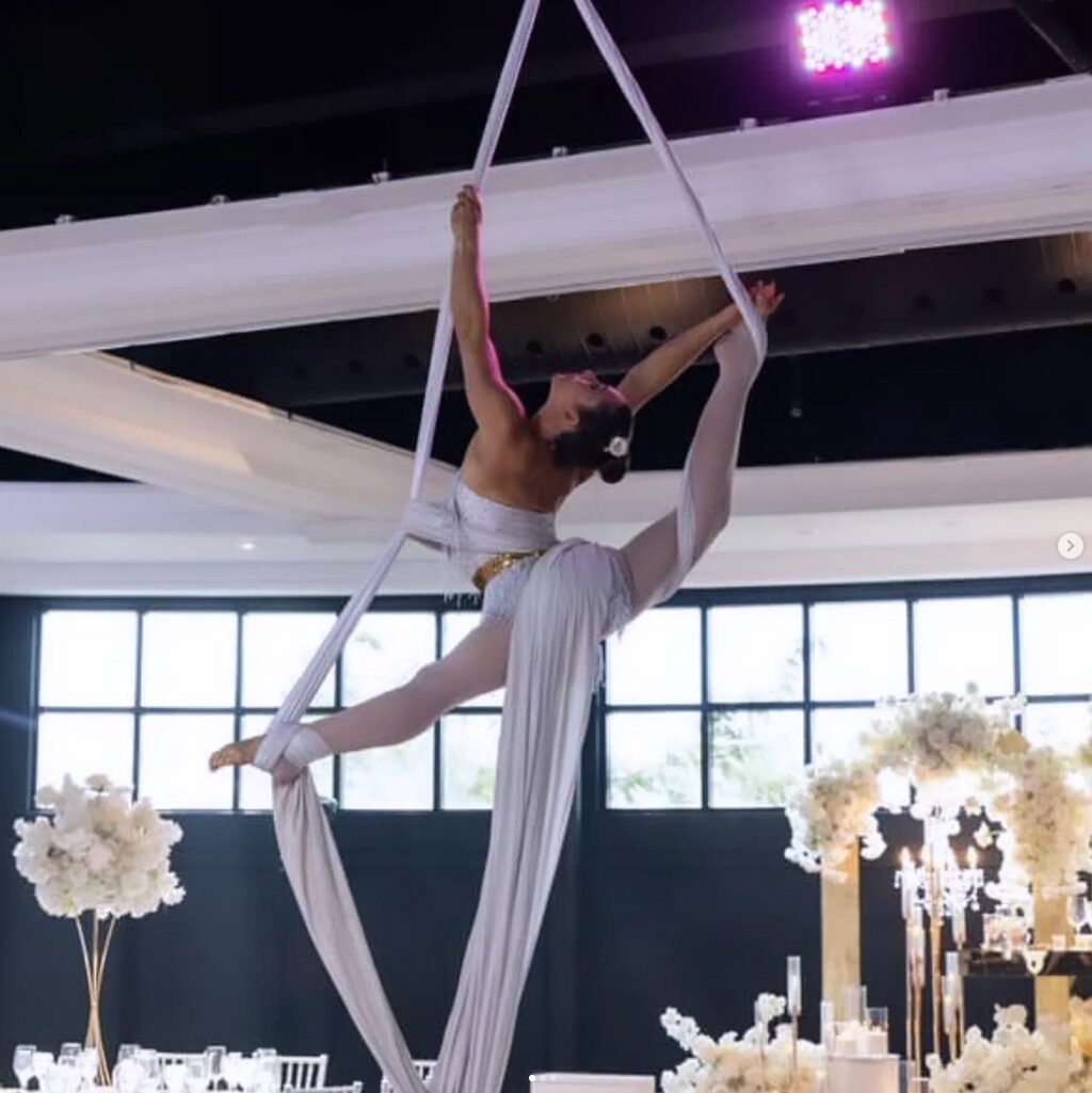 Aerial silks performer at an elegant wedding reception